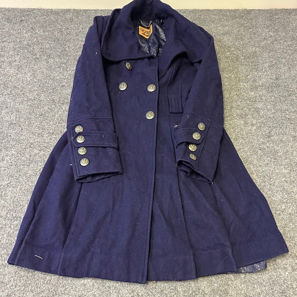 Guess Pea Coat Womens Size M Navy Blue Double Breasted Fit Flare Crest Buttons